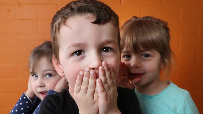 Eden, 3, Levi, 4, and Sofia, 3 are probably already hearing swear words, there’s no reason for parents to hasten the process by teaching them. (Pic: Liam Kidston)