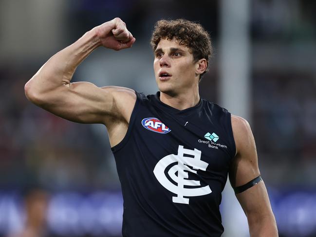 BRISBANE, AUSTRALIA - September 23, 2023. AFL .   Charlie Curnow of the Blues celebrates a 1st quarter goal during the 2nd preliminary final between the Brisbane Lions and the Carlton at the Gabba in Brisbane, Australia..   Photo by Michael Klein.