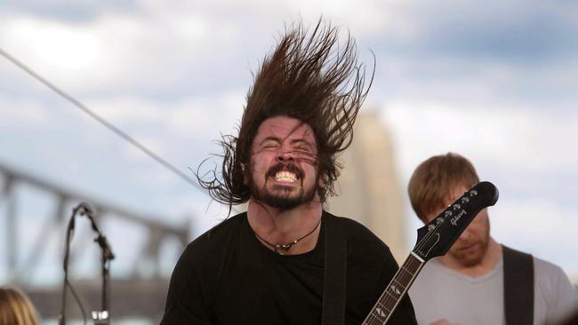 Grohl’s hair flip execution at their fabled gig on Goat Island in 2011. Picture: News Corp Australia.