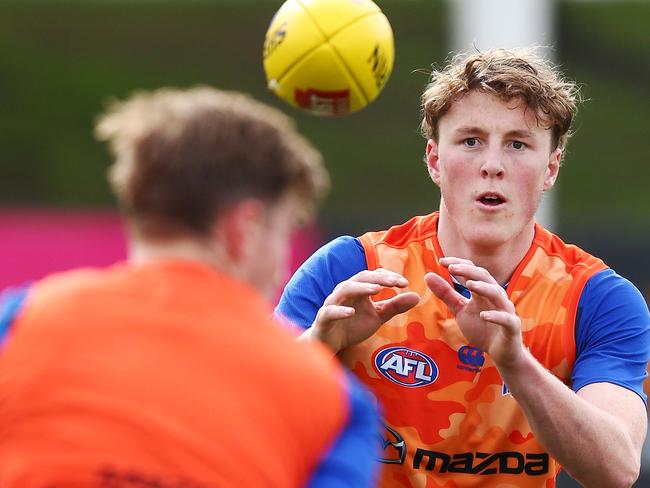 MELBOURNE, AUSTRALIA - JUNE 20:  Nick Larkey, a possible inclusion this weekend for the injured Jarrad Waite, marks the ball during a North Melbourne Kangaroos AFL training session at Arden Street on June 20, 2018 in Melbourne, Australia.  (Photo by Michael Dodge/Getty Images)