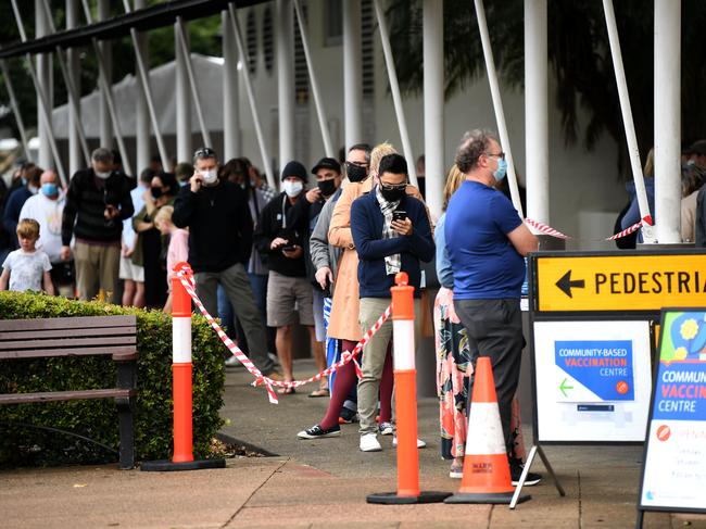 People line up outside a community COVID-19 vaccination centre in Capalaba, in Brisbane's east, on July 8. Picture: NCA NewsWire / Dan Peled