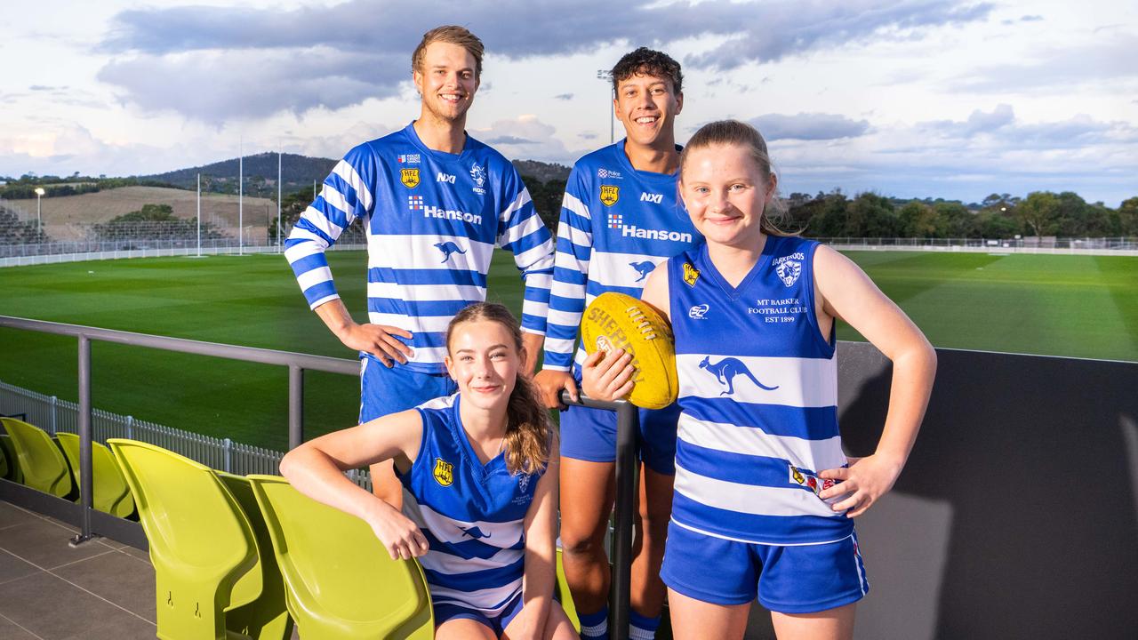 Mount Barker Football Club A Grade players Jordan Houlahan, Samuel Callins and Under 17 players Taya Rogers and Emma Faber-Paul at the football ground in Mount Barker. Picture: The Advertiser/ Morgan Sette