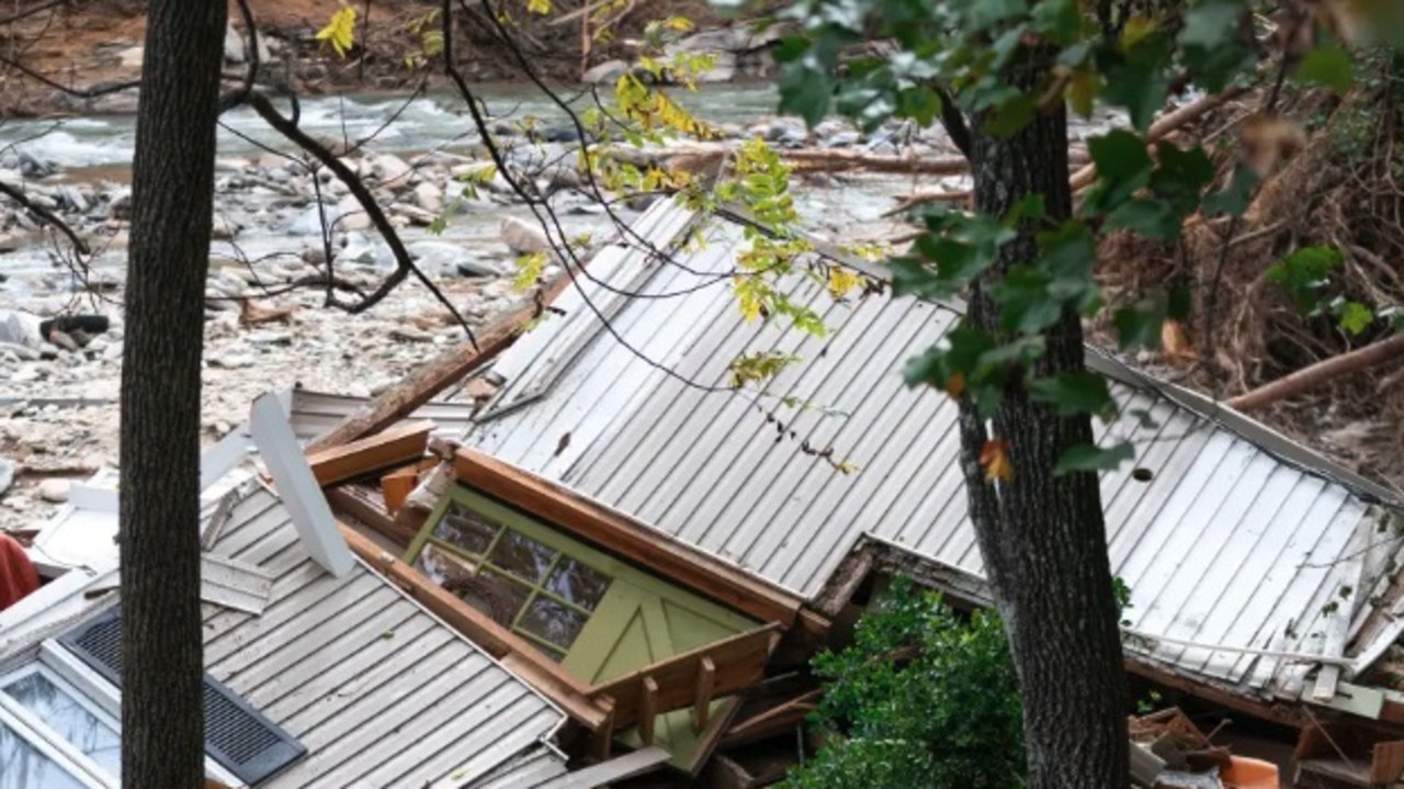 A destroyed house lies next to the Broad River after Hurricane Helene on Oct. 1, 2024 in Bat Cave, North Carolina. Picture: Getty