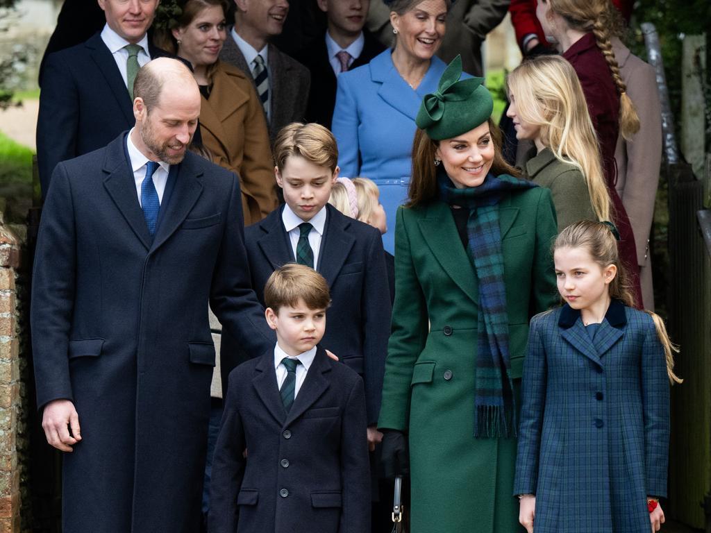 The Prince and Princess of Wales, along with Prince George of Wales, Prince Louis and Princess Charlotte at the Christmas morning service at Sandringham Church. Picture: Wire Image