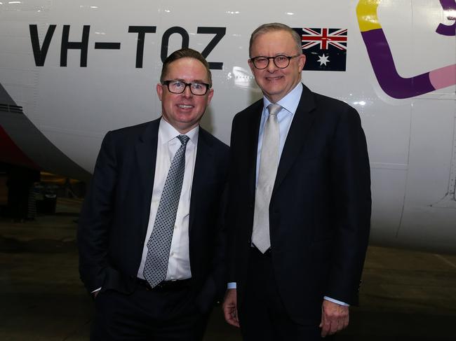 SYDNEY, AUSTRALIA  - AUGUST 14 2023: Prime Minister, Anthony Albanese and Qantas CEO Alan Joyce attend the launch of the Qantas 'Yes' Campaign at Qantas Hangar 96 in Sydney, where The Prime Minister will deliver a speech. Picture: NCA Newswire / Gaye Gerard