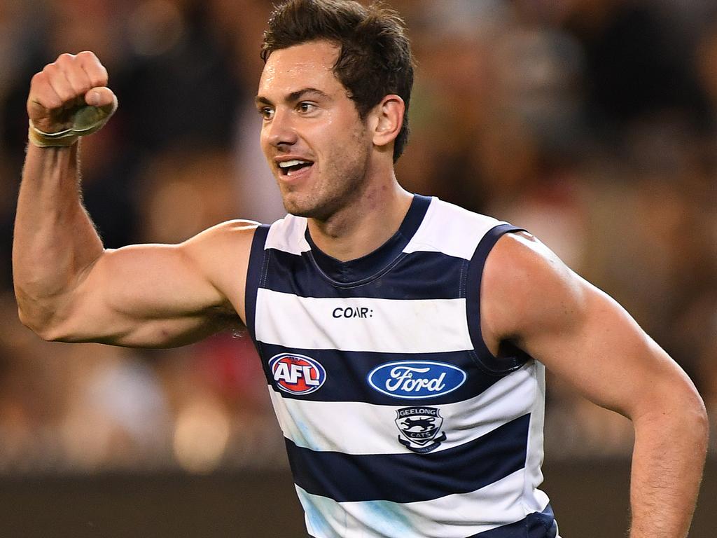 Daniel Menzel of the Cats reacts after kicking a goal during the second semi-final between the Geelong Cats and the Sydney Swans at MCG in Melbourne, Friday, September 15, 2017. (AAP Image/Julian Smith) NO ARCHIVING, EDITORIAL USE ONLY