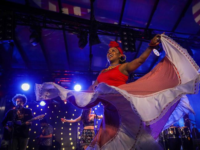 A dancer from band Amaru Tribe at Federation Square. Picture: Nicole Cleary