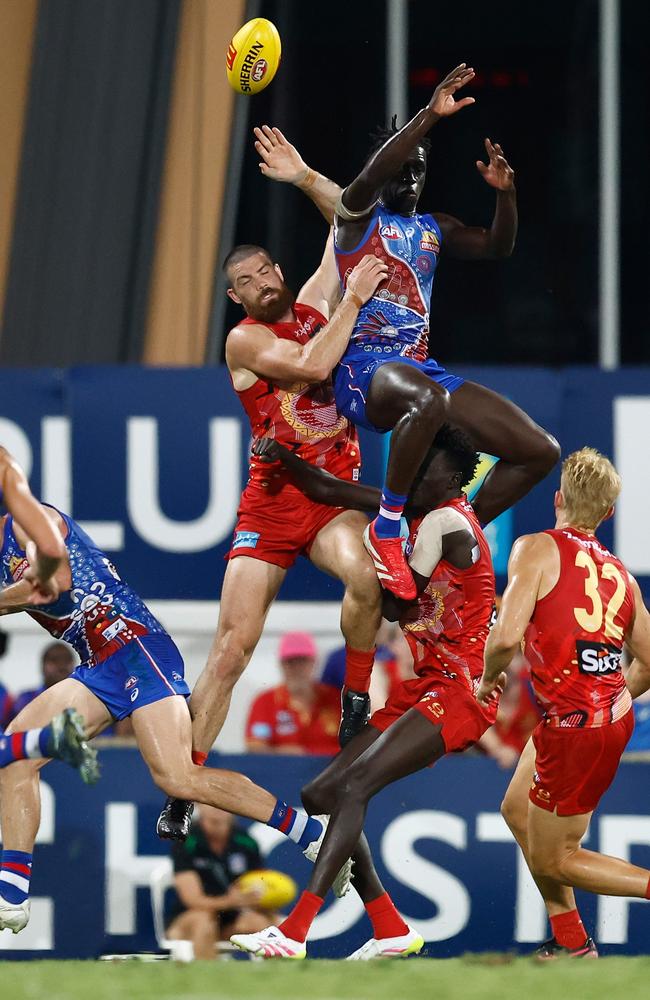 Buku Khamis soars above the pack. Picture: Michael Willson/AFL Photos