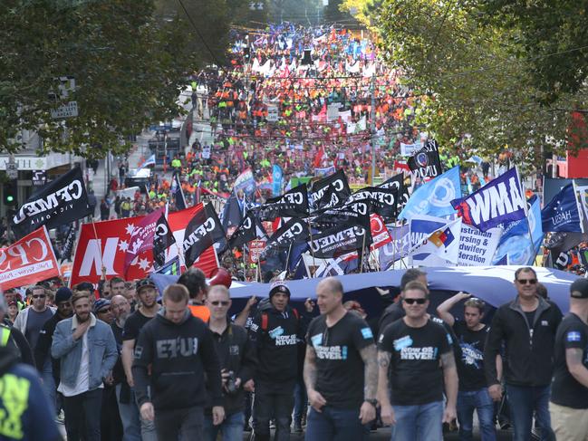 A large union rally in Melbourne makes its way down Latrobe St. Picture: David Crosling