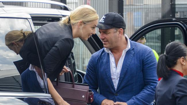 Nine Network Today show host Karl Stefanovic took a low profile at Sydney Airport last night when he flew out with Jasmine Yarbrough for their wedding in Mexico later this week. Picture: Media Mode