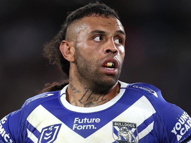 SYDNEY, AUSTRALIA - AUGUST 30:  Josh Addo-Carr of the Bulldogs looks on during the round 26 NRL match between Canterbury Bulldogs and Manly Sea Eagles at Accor Stadium on August 30, 2024, in Sydney, Australia. (Photo by Cameron Spencer/Getty Images)