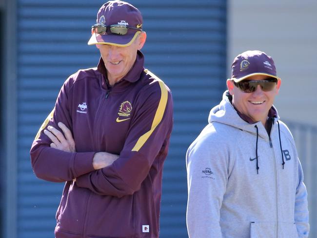 The smiles belie the tense time that Wayne Bennett and Kevin Walters shared at the Broncos. Picture: Jono Searle.