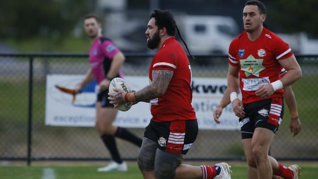 Goannas captain Eddie Faalua proved difficult to handle at The Oaks on Saturday night in round 18. Picture: Warren Gannon Photography