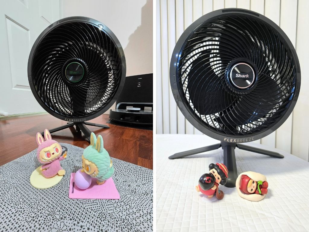 The Shark fan makes the perfect companion as a floor fan (left) or tabletop fan (right). Picture: Supplied/Tahnee-Jae Lopez-Vito.