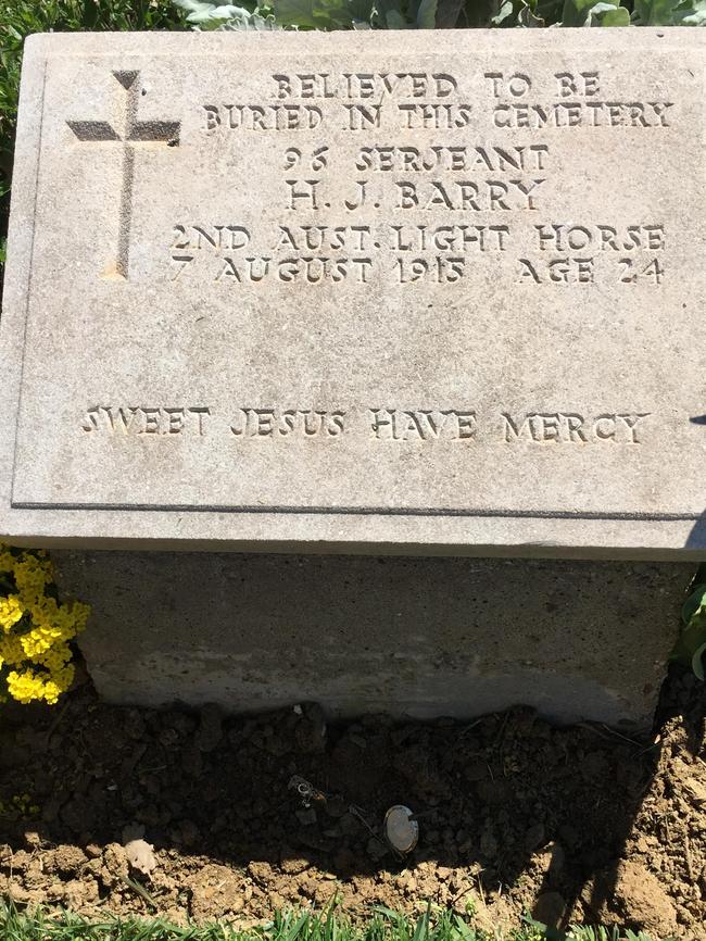 Grave stone of H J Barry in Gallipoli.