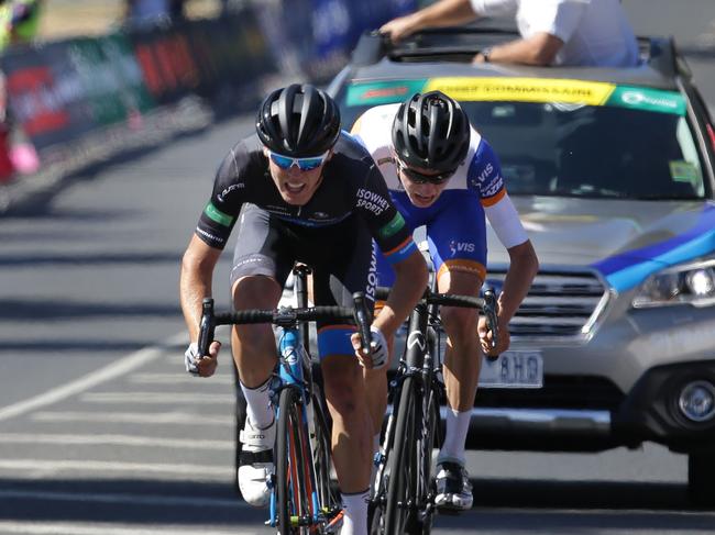 Chris Hamilton wins the under-23 national road championship in Buninyong from Lucas Hamilton and Miles Scotson. Picture: Cycling Australia.