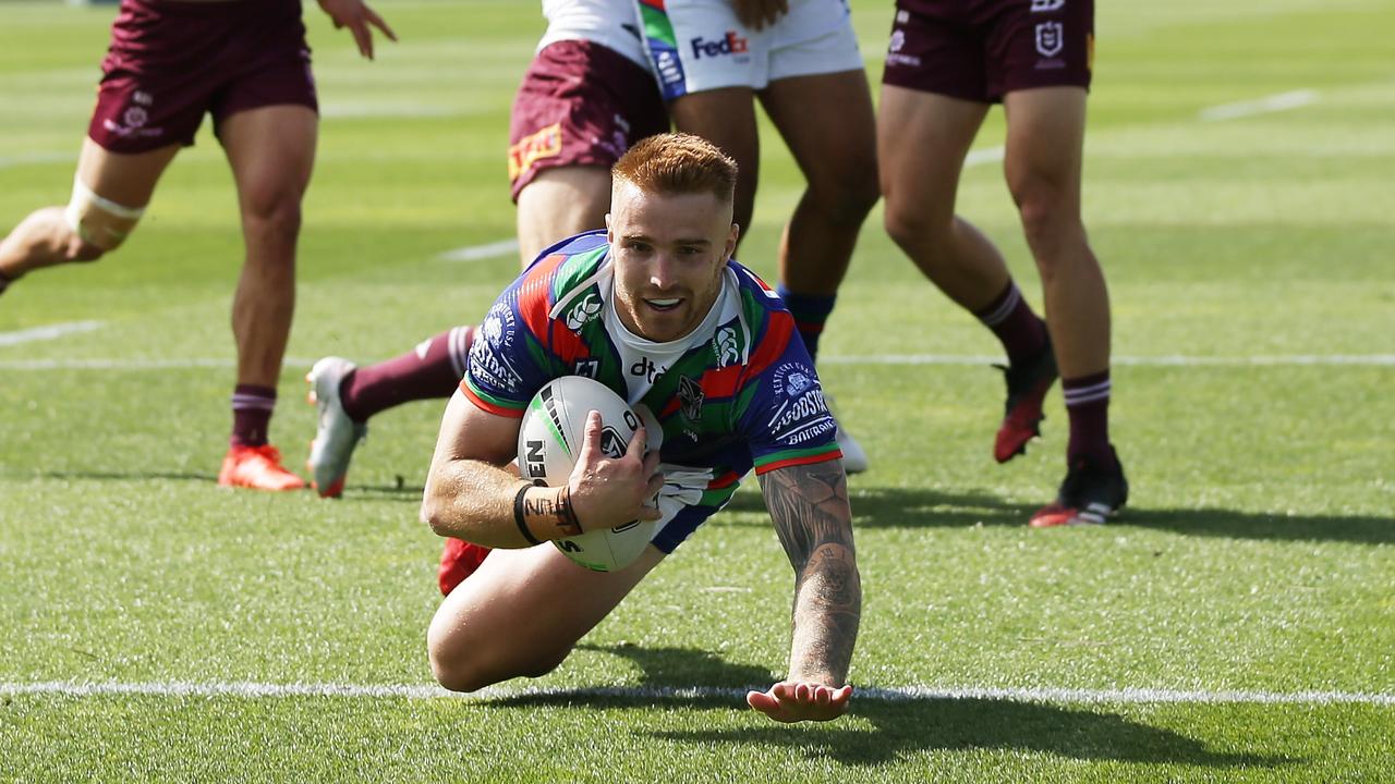 Adam Keighran crosses for a try against Manly