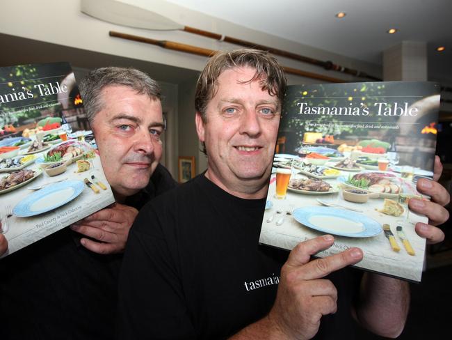 Nick Osborne and Paul County at the launch of the inaugural edition of Tasmania's Table at Blue Skies Restaurant in 2009. Picture” Raoul Kochanowski