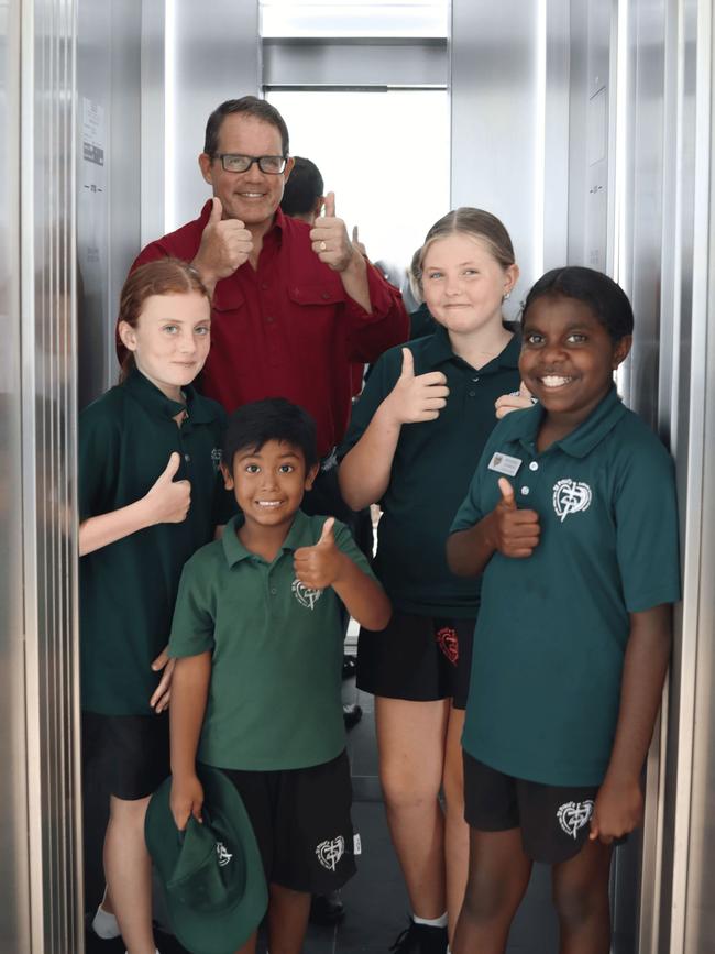 Member for Solomon Luke Gosling with St Paul students in new elevator. Picture: government / supplied.