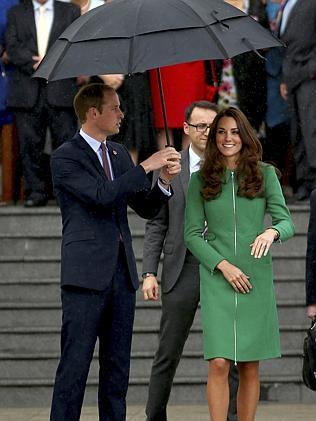 The Duchess of Cambridge wears a green Erdem coat at the Town Hall in Cambridge, New Zealand. Picture: AP