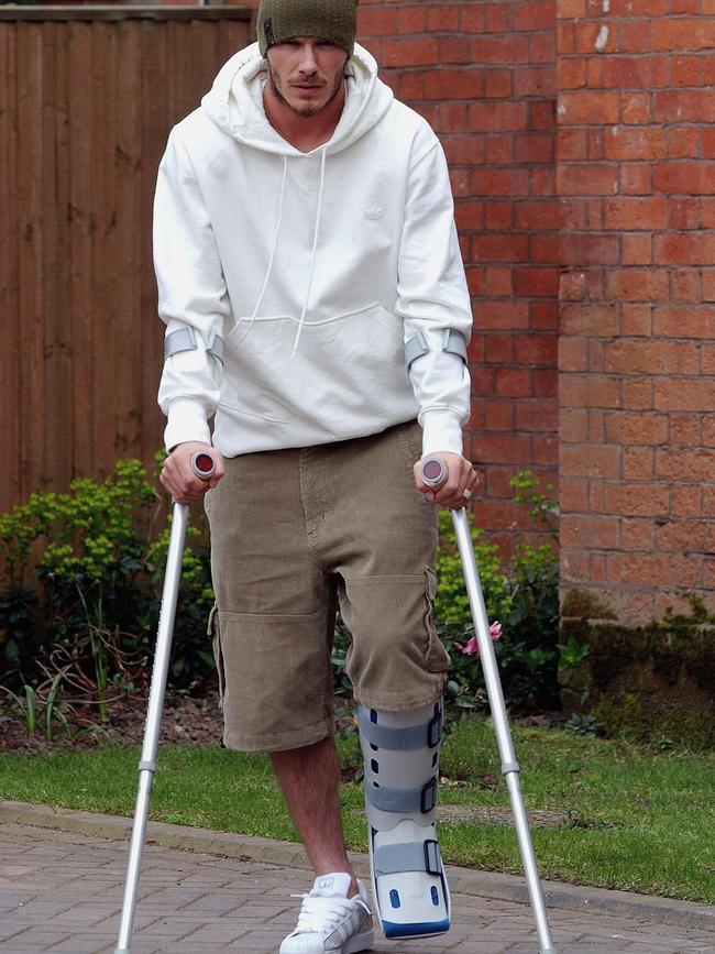 David Beckham begins his recovery process after breaking a metatarsal bone in his left foot. Picture: John Peters/Manchester United via Getty Images