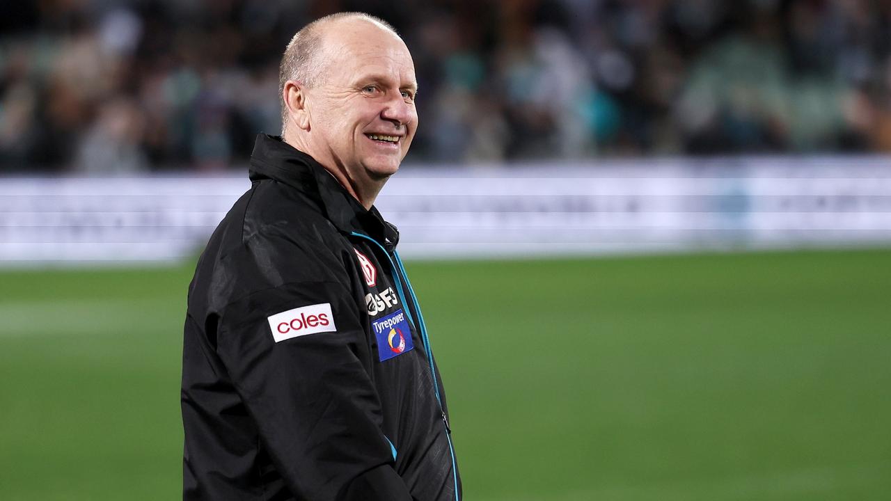 Ken Hinkley was a happy man on Friday night. Picture: James Elsby/AFL Photos