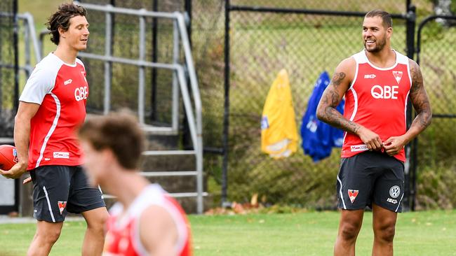 Lance Franklin (right) and Kurt Tippett haven’t joined the main group. Picture: AAP