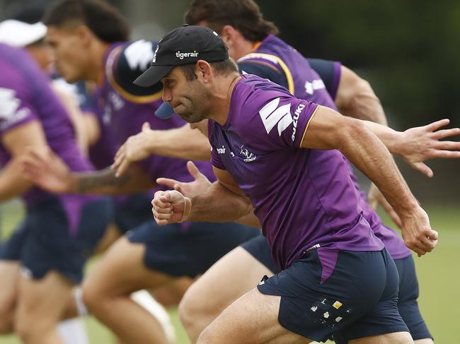 MELBOURNE, AUSTRALIA - MARCH 18: Cameron Smith in action during a Melbourne Storm NRL training session at Gosch's Paddock on March 18, 2020 in Melbourne, Australia. (Photo by Daniel Pockett/Getty Images)