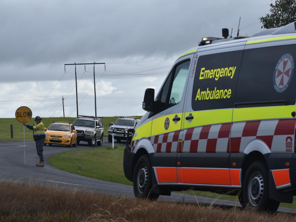 A man who suffered serious injuries after the red sedan Mitsubishi Lancer sedan he was driving crashed into a power pole on Rogans Bridge Rd north of Waterview Heights was transported by road ambulance to the Westpac Rescue Helicopter located in a nearby paddock on Thursday, 18th February, 2021. Photo Bill North / The Daily Examiner