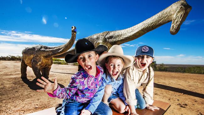 WINTON Dinosaurs.Rae Batey, 7,  Brooklyn Lavington, 4, and Summer Kennedy, 7, are excited to check out the multimillion-dollar expansion to the Australian Age of Dinosaurs museum in Winton.Picture: NIGEL HALLETT