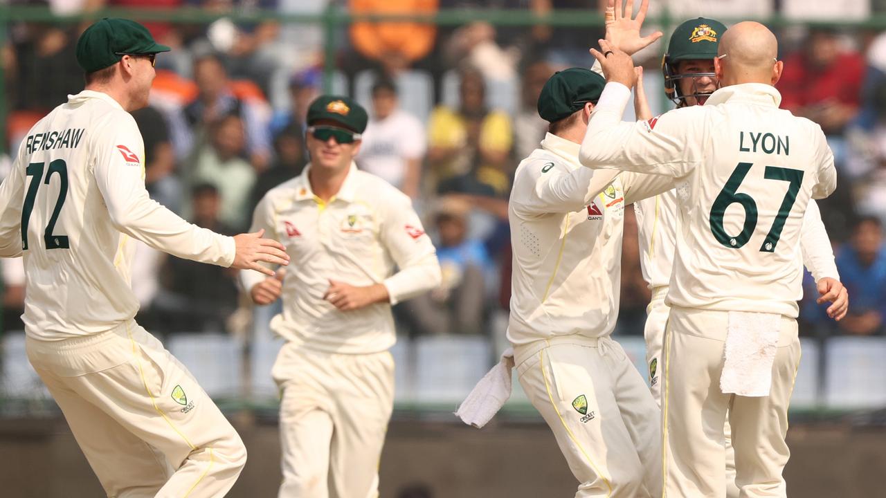 Nathan Lyon celebrates the wicket of KL Rahul. (Photo by Robert Cianflone/Getty Images)