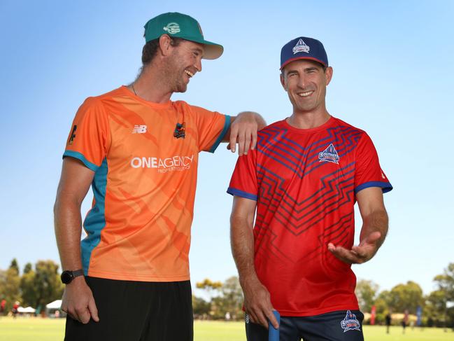 Former Adelaide Strikers Ian Cockbain (L), and Nathan Reardon, are competing in the inaugural Adelaide Premier League, which finishes Sunday. 6 January 2023. Picture Dean Martin