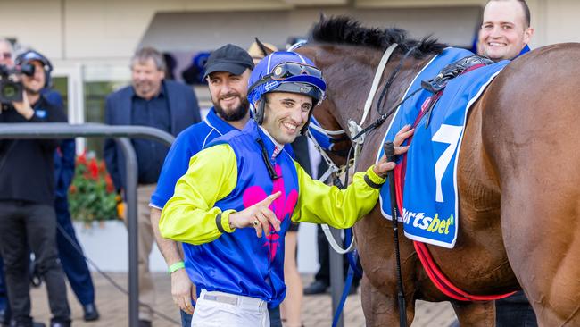 Jake Toeroek celebrates a treble in April at Morphettville. Picture: Makoto Kaneko