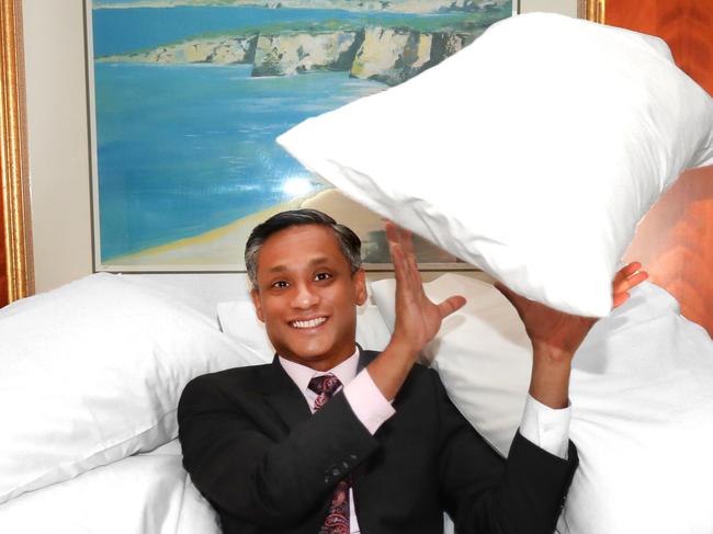 Rikesh Rajakulasingham started his career in the hotel business as a cleaner. The former engineer is now in charge of hundreds of hotel rooms at Star Entertainment's soon to open $3..8bn Queen's Wharf project where is busy "road testing" mattresses and pillows.Photo: Scott Powick Courier Mail