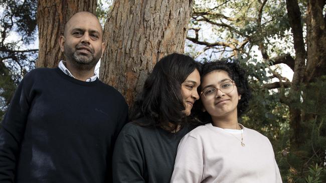 Thirteen-year-old Riya Mahajan, with parents Gaurav and Sonali, endured weeks of isolation following a bone-marrow transplant. Picture: Arsineh Houspian