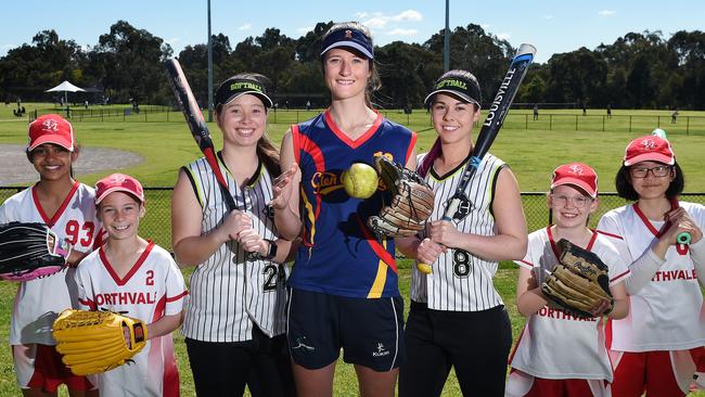 Waverley Softball Association is celebrating it's 50th season. (From left) Annmarie Myyadunne (13, Northside), Ben Gray (10, Northside), Sheree Wood (Brandon Heights), Alys Young (Glen Waverley), Emma Boldeman (Brandon Heights), Lily Sherrin (10, Northside) and Julia Tay (10, Northside). Picture: Josie Hayden