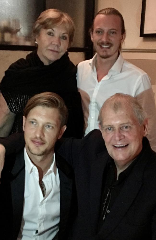 John Farnham’s family. Clockwise from the bottom left: Rob, Jill, James and John Farnham. Picture: Supplied