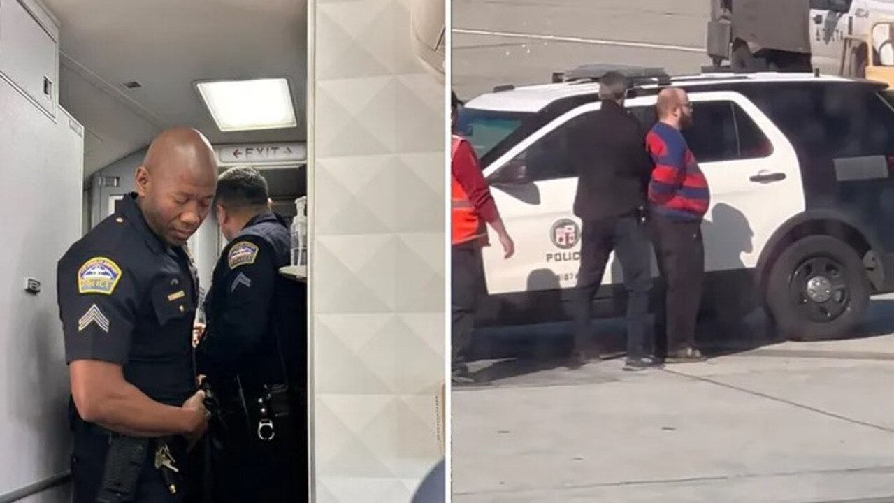 Police detained the unidentified passenger who allegedly opened an emergency exit door aboard the plane. Picture: Gillian Sheldon via Twitter