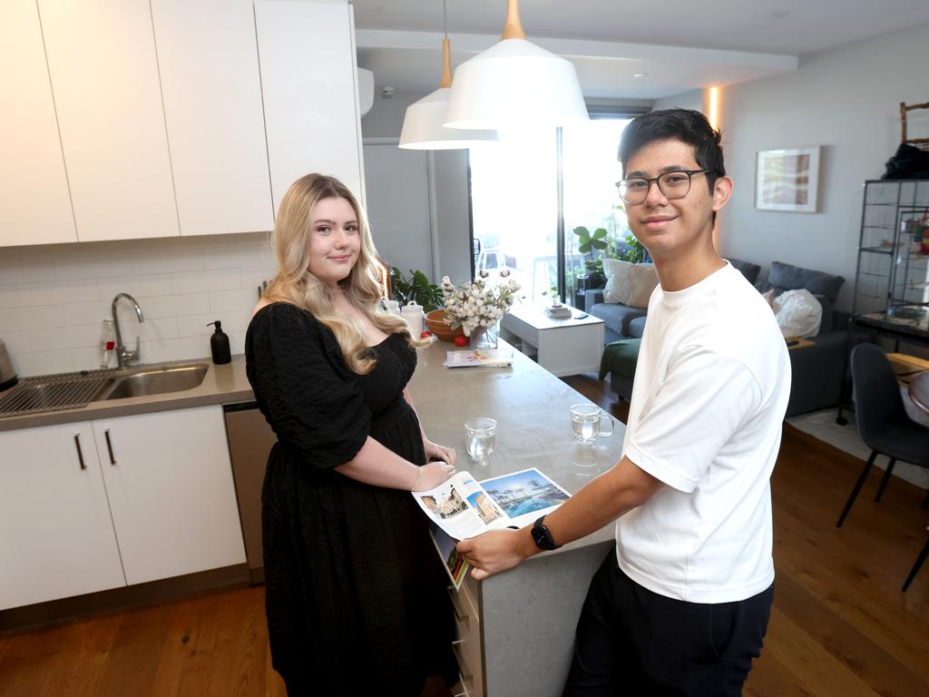 L to R, Phoebe Burrows and partner Radiant Thomas, Realestate, first home buyers saved for years to buy a property, Cannon Hill, on Thursday 24th August 2023 – Photo Steve Pohlner