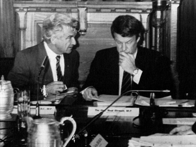 Then Prime Minister Bob Hawke and Health Minister Dr Neal Blewett pictured in 1985. Their leadership and the largely bipartisan response to HIV is credited with helping save lives in Australia.