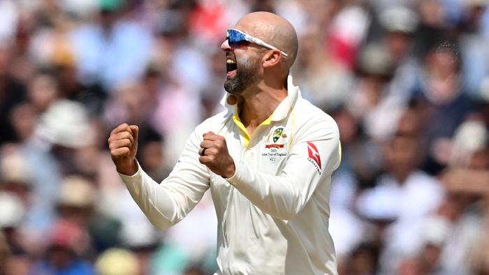 BIRMINGHAM, ENGLAND - JUNE 19: Nathan Lyon of Australia celebrates the wicket of Harry Brook of England during Day Four of the LV= Insurance Ashes 1st Test match between England and Australia at Edgbaston on June 19, 2023 in Birmingham, England. (Photo by Shaun Botterill/Getty Images)