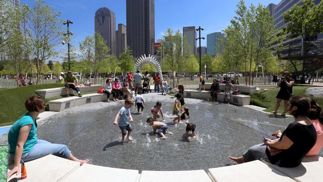 A splash park in the Klyde Warren Park.