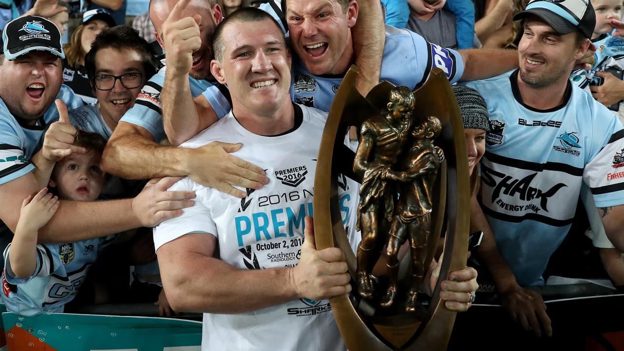 Paul Gallen holding what he says should be the Telstra conferences championship. Picture: Brett Costello