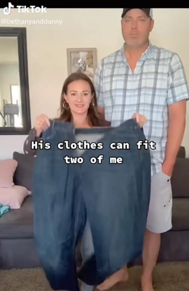 Danny’s pants are nearly twice the size of Bethany. Picture: TikTok @bethanyanddanny