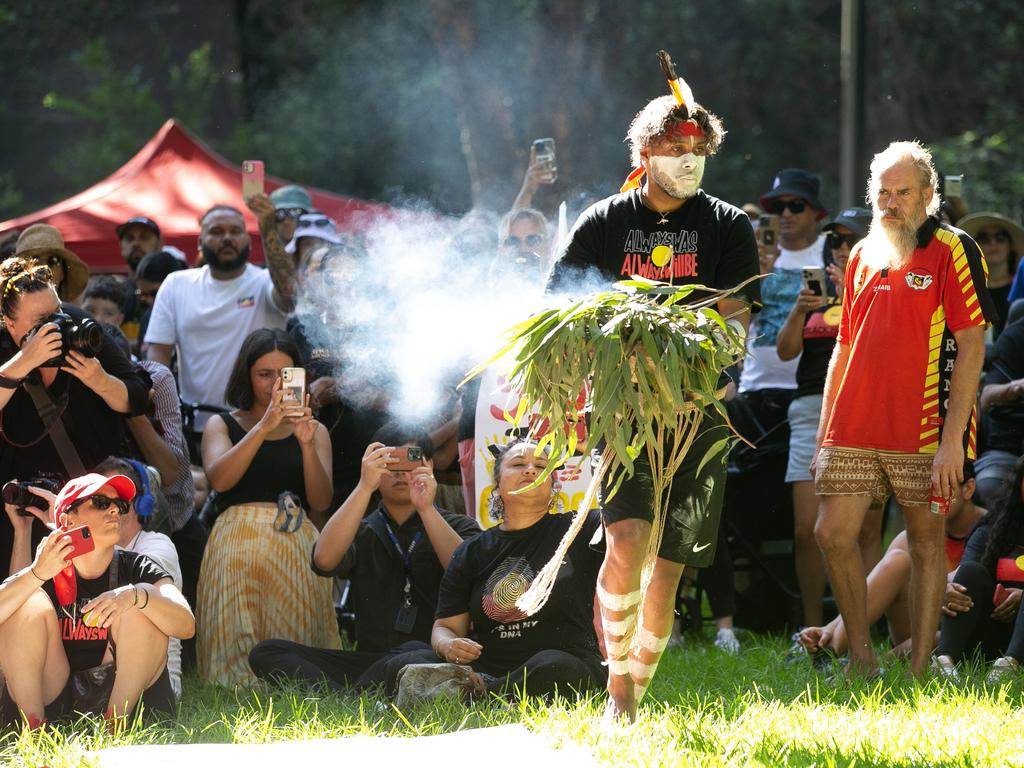The rally began with a smoking ceremony. Picture: NCA NewsWire / Brendan Read