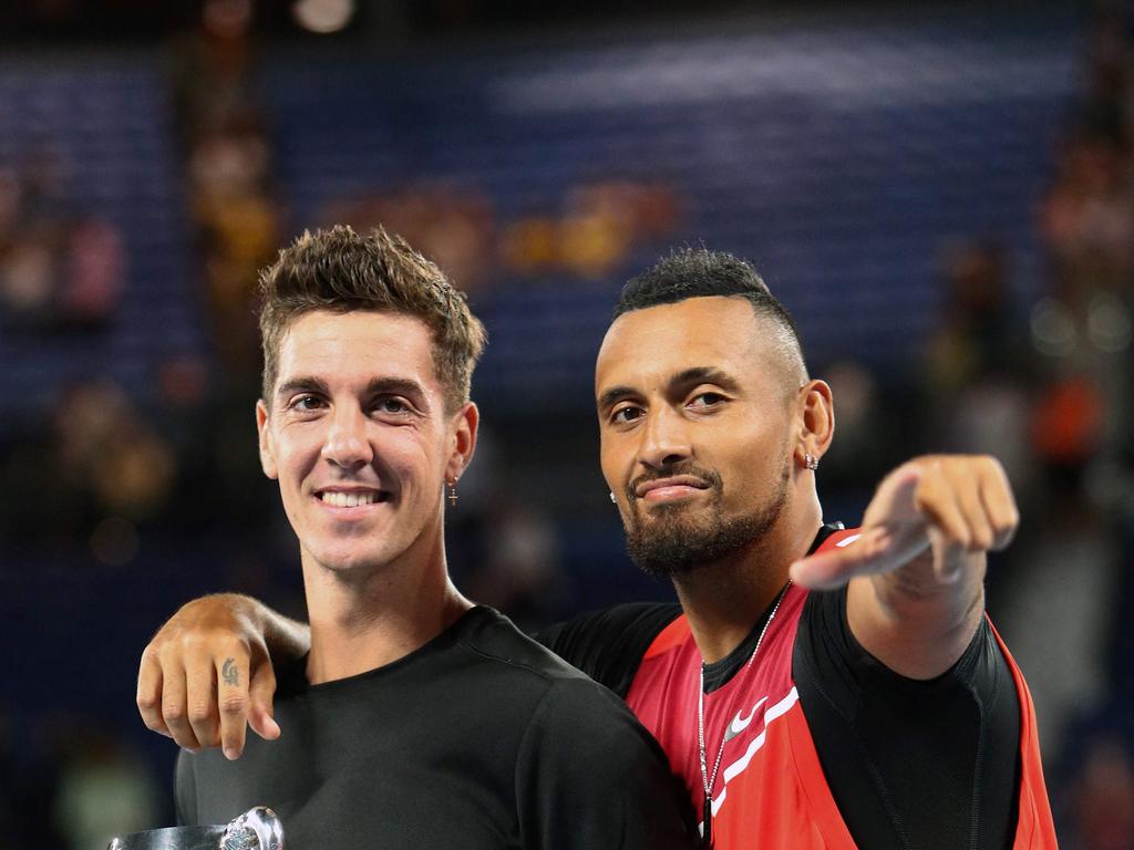 Thanasi Kokkinakis and Nick Kyrgios won the Australian Open doubles title in 2022. Picture: AFP