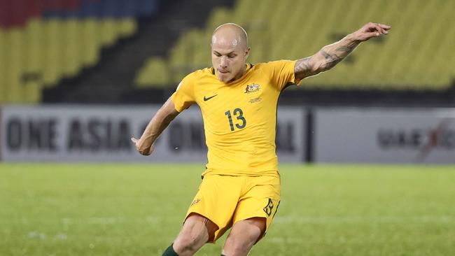 MALACCA, MALAYSIA — OCTOBER 05: Aaron Mooy of Australia takes a free kick during the 2018 FIFA World Cup Asian Playoff match between Syria and the Australia Socceroos at Hang Jebat Stadium on October 5, 2017 in Malacca, Malaysia. (Photo by Robert Cianflone/Getty Images)