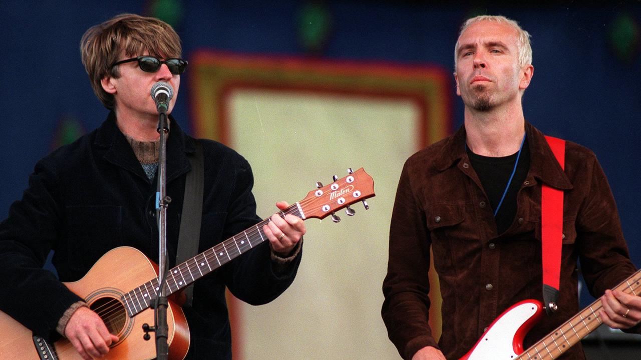 Neil Finn and Nick Seymour on-stage during soundcheck.