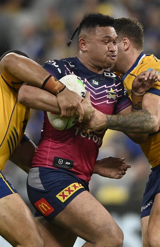 Kulikefu Finefeuiaki is tackled during round 21. (Photo by Ian Hitchcock/Getty Images)