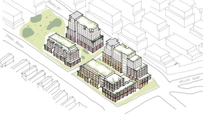 A green spine communal space is part of landscaping plans, along with extensive planting on the building to maintain greenery. Picture: DVO Architecture